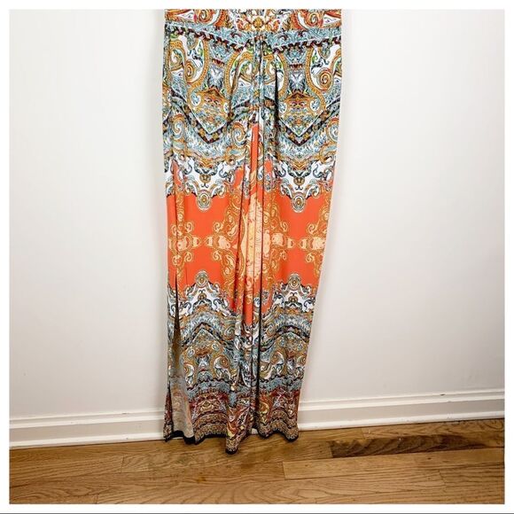 Donna Morgan Orange Print Sleeveless Boho Scarf Print Maxi Dress 6 - Picture 8 of 16